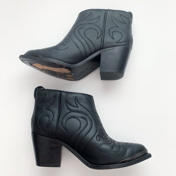 H&M Leather Western Cowgirl Core Block Heel Black Ankle Cowboy Boots Size 38 - Picture 7 of 13